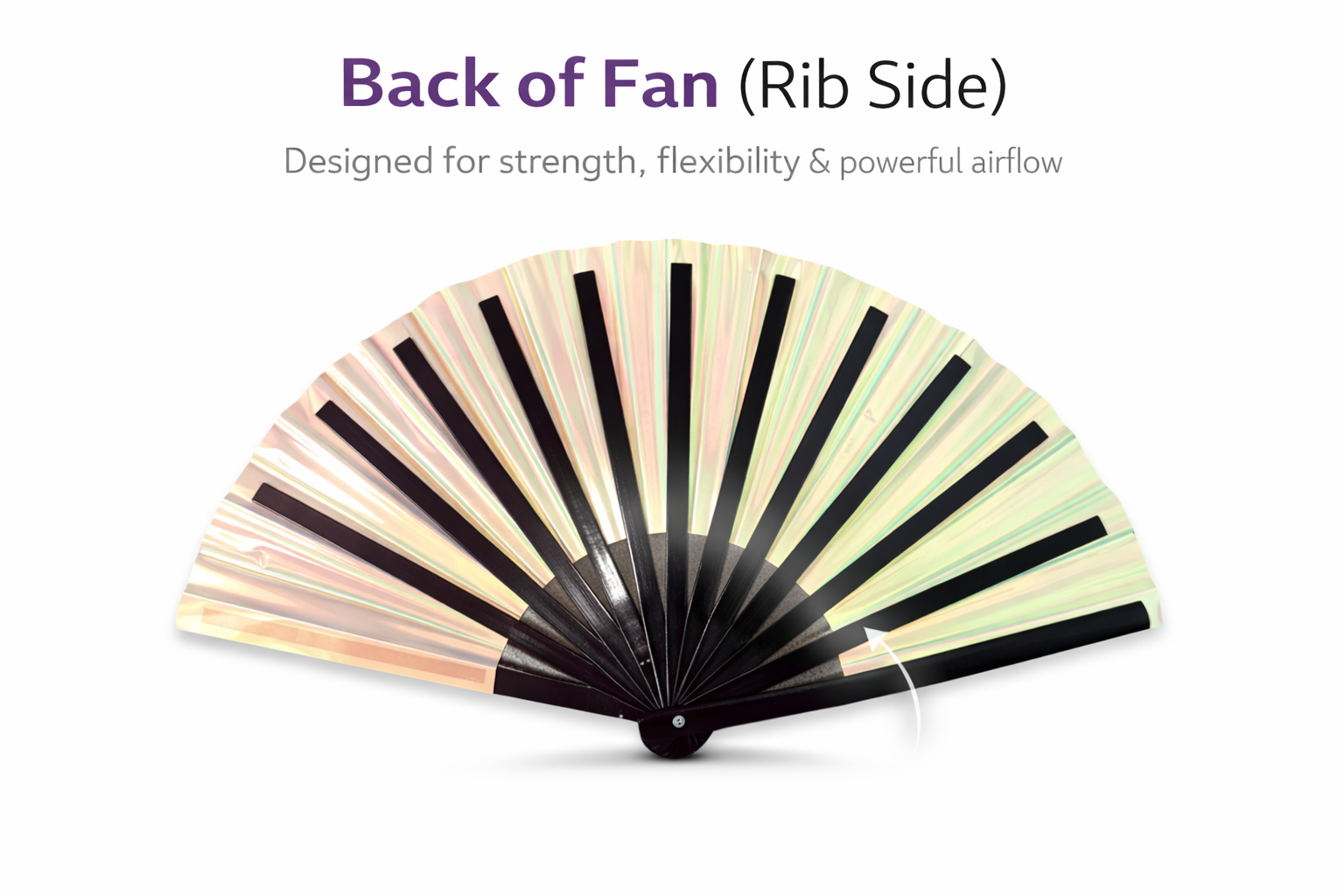 Back of Mermaid Wishes festival fan showing pearlescent finish and strong black ribs