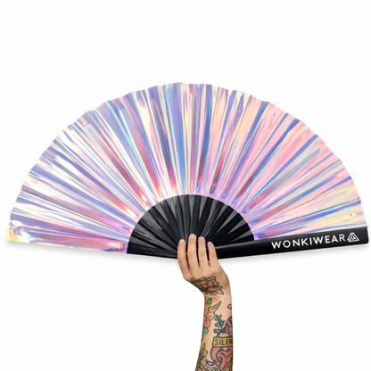 Mermaid Wishes iridescent festival fan XL by WonkiWear with holographic pastel finish