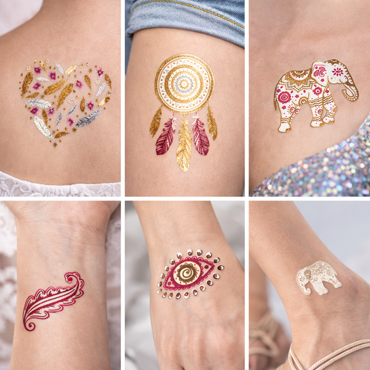 Close up of metallic temporary tattoos in gold silver and pink showing reflective shine detail