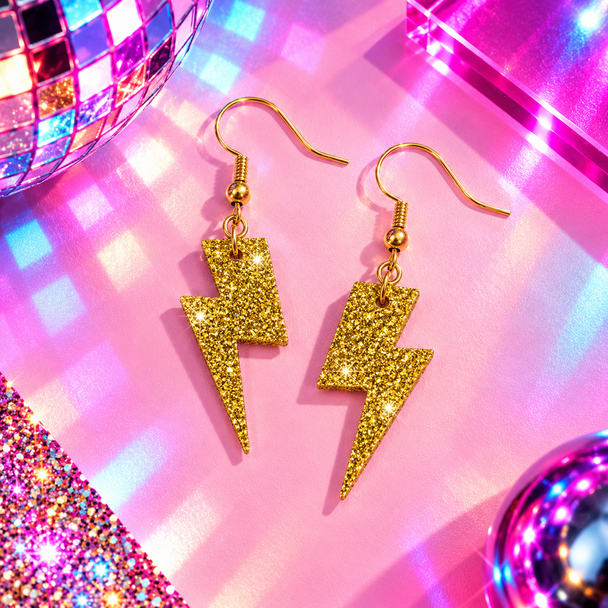 Mini gold glitter lightning bolt cork earrings with leopard print reverse and gold hooks by Trend Tonic