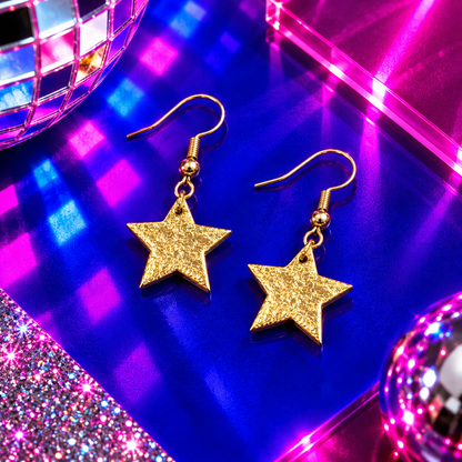 Mini gold textured cork star earrings with gold stainless steel hooks by Trend Tonic