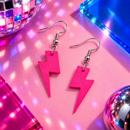 Mini neon pink cork lightning bolt earrings with silver hooks by Trend Tonic