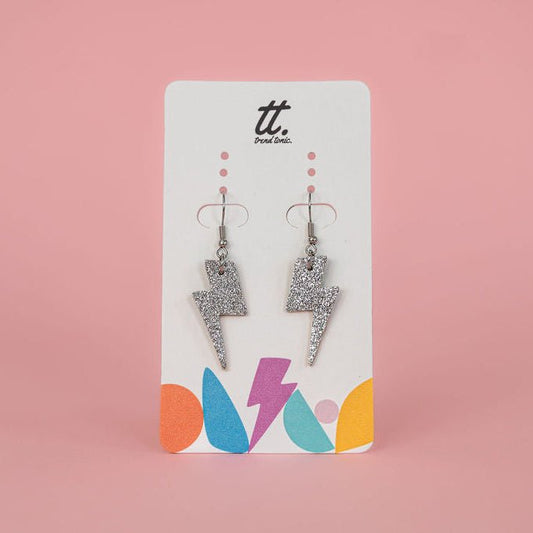 Mini Silver Glitter Lightning Bolt Earrings | Cork Statement Jewellery