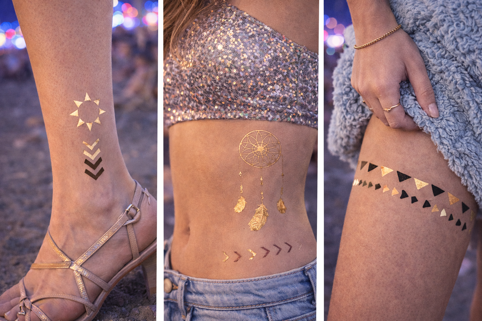 Minimal gold and black mantra temporary tattoos styled for clean festival aesthetic