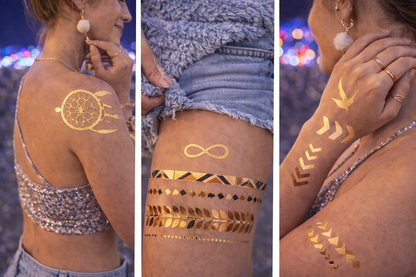 Minimal metallic temporary tattoos styled for clean and understated festival aesthetic