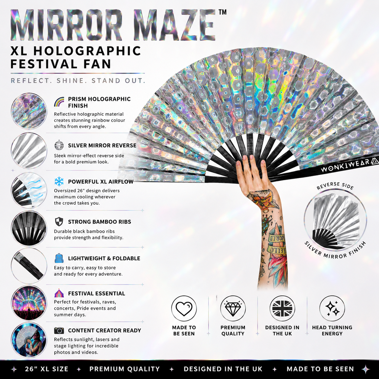 Benefits infographic for Mirror Maze holographic festival fan