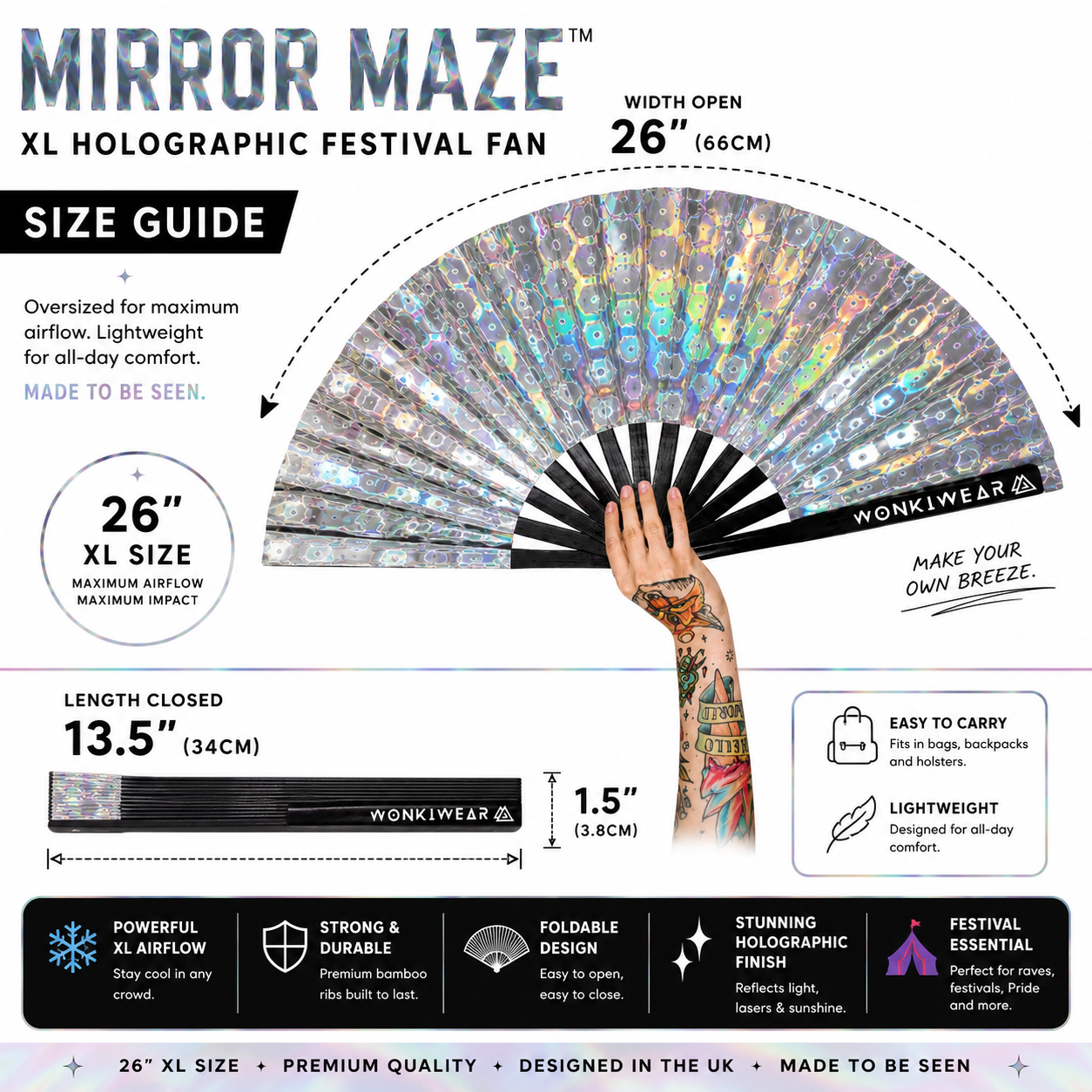 Size guide showing dimensions of Mirror Maze XL holographic festival fan