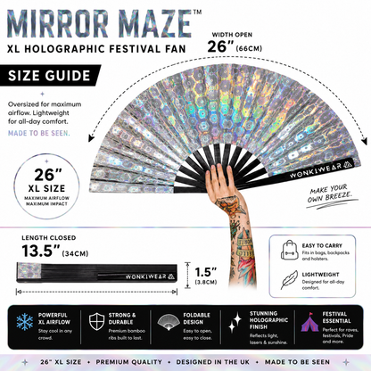 Size guide showing dimensions of Mirror Maze XL holographic festival fan