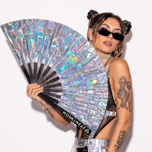 Festival model holding Mirror Maze holographic XL festival fan