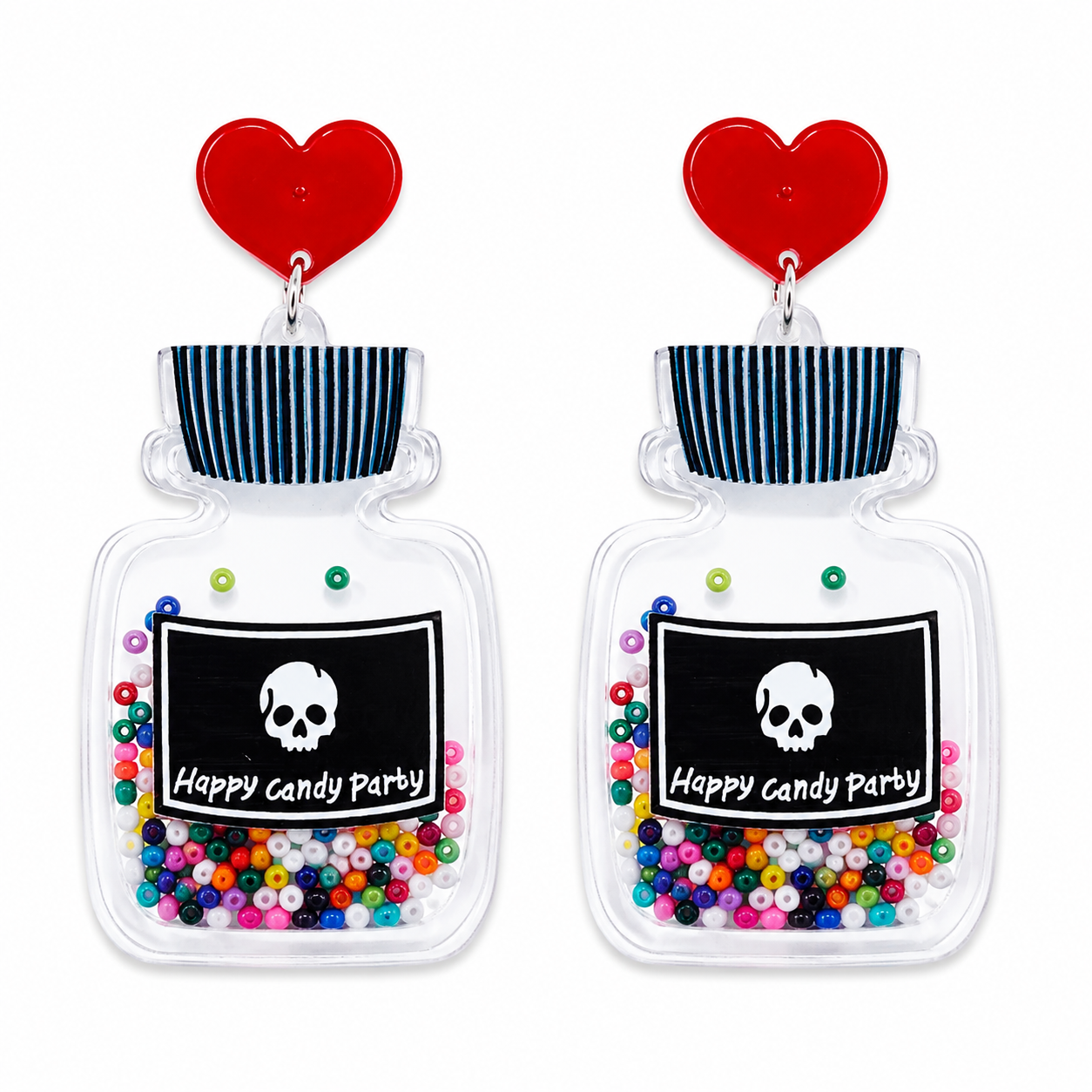 Moving Happy Candy Party bottle drop earrings with colourful shaker seed beads