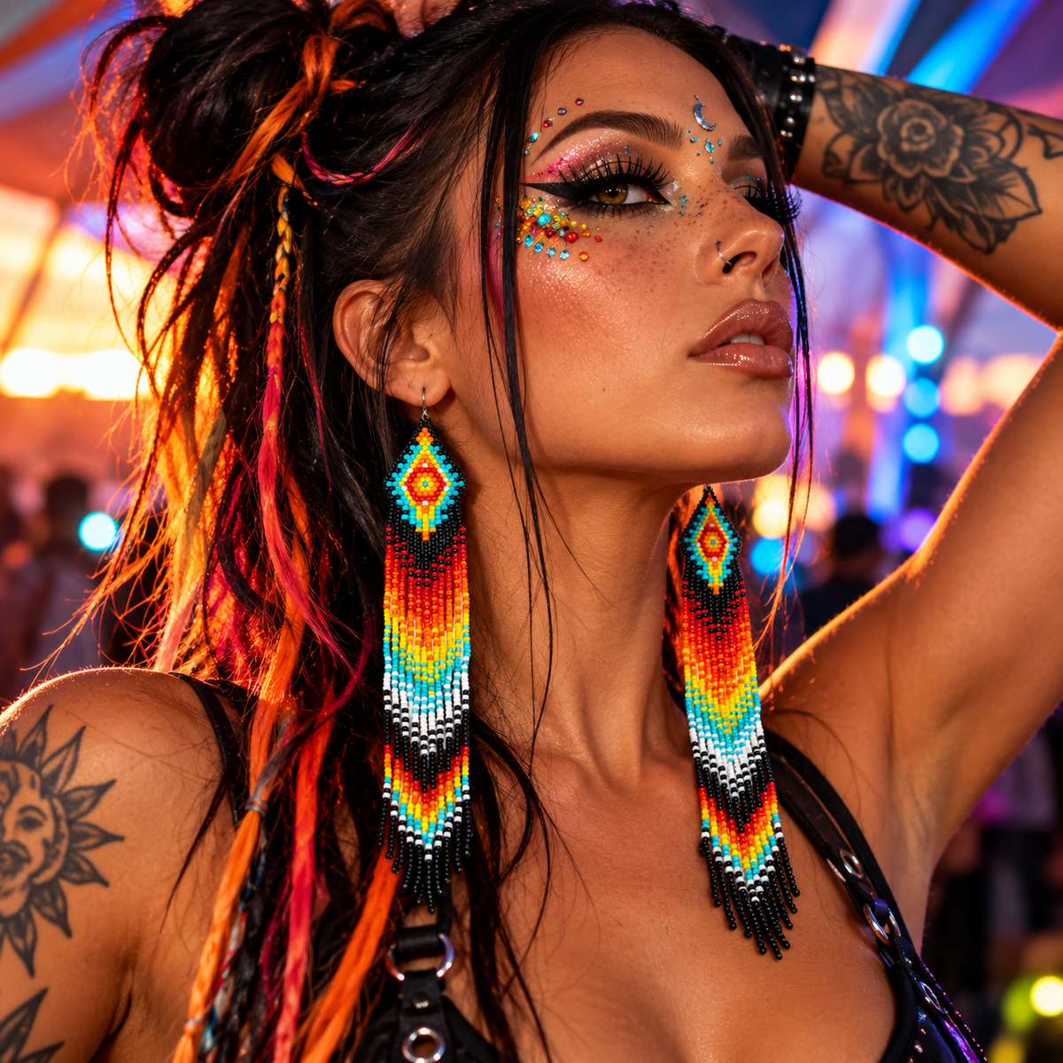 Woman wearing colourful ethnic beaded extra-long fringe earrings at a festival rave