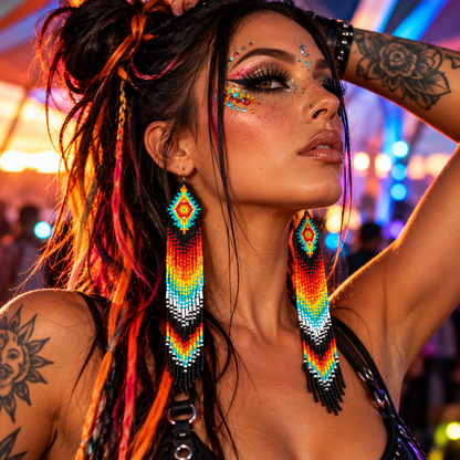 Woman wearing colourful ethnic beaded extra-long fringe earrings at a festival rave