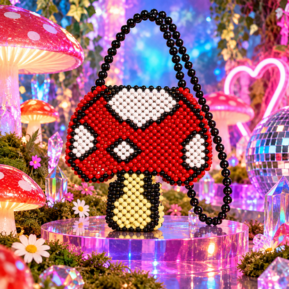 Mushroom-shaped bead bag with red and white spotted cap and black beaded handle by Cuteryko