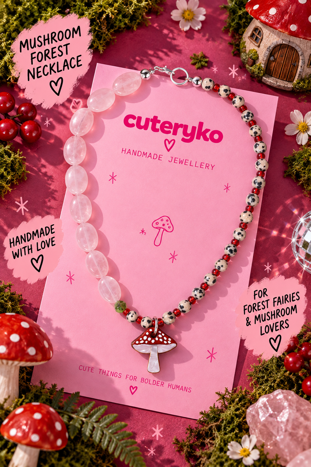 Mushroom Forest beaded necklace with rose quartz, Dalmatian jasper and red mushroom charm by Cuteryko
