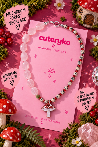 Mushroom Forest beaded necklace with rose quartz, Dalmatian jasper and red mushroom charm by Cuteryko