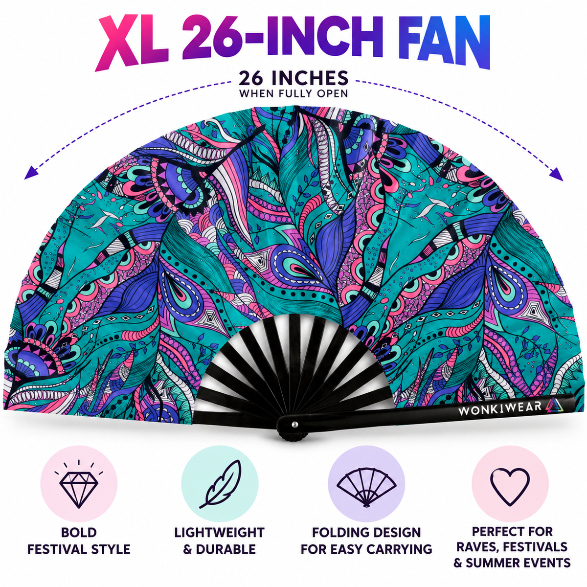 WonkiWear Mystic Paisley XL 26-inch folding rave fan infographic featuring vibrant teal, purple and pink paisley artwork, with size and key festival accessory features highlighted.