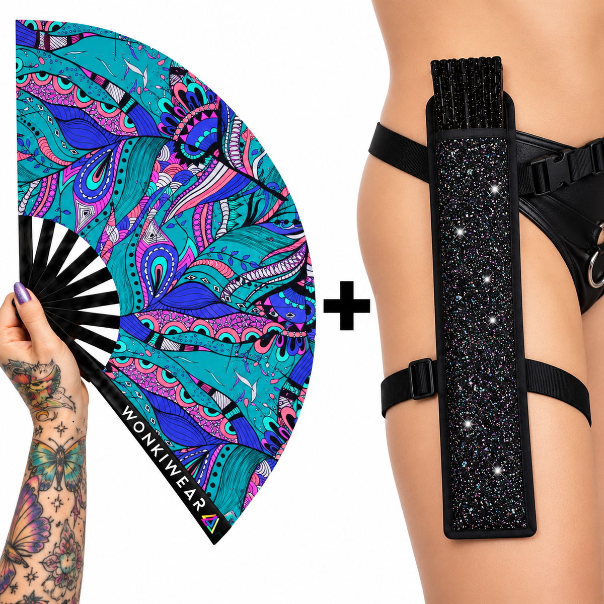 WonkiWear Mystic Paisley XL folding rave fan with vibrant teal, purple and pink paisley artwork, paired with an optional black shimmer fan holster with adjustable straps.