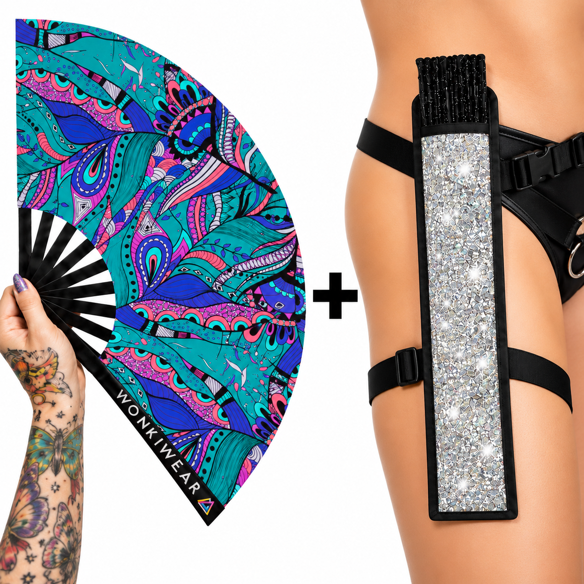 WonkiWear Mystic Paisley XL folding rave fan with vibrant teal, purple and pink paisley artwork, paired with an optional silver shimmer fan holster with adjustable black straps.