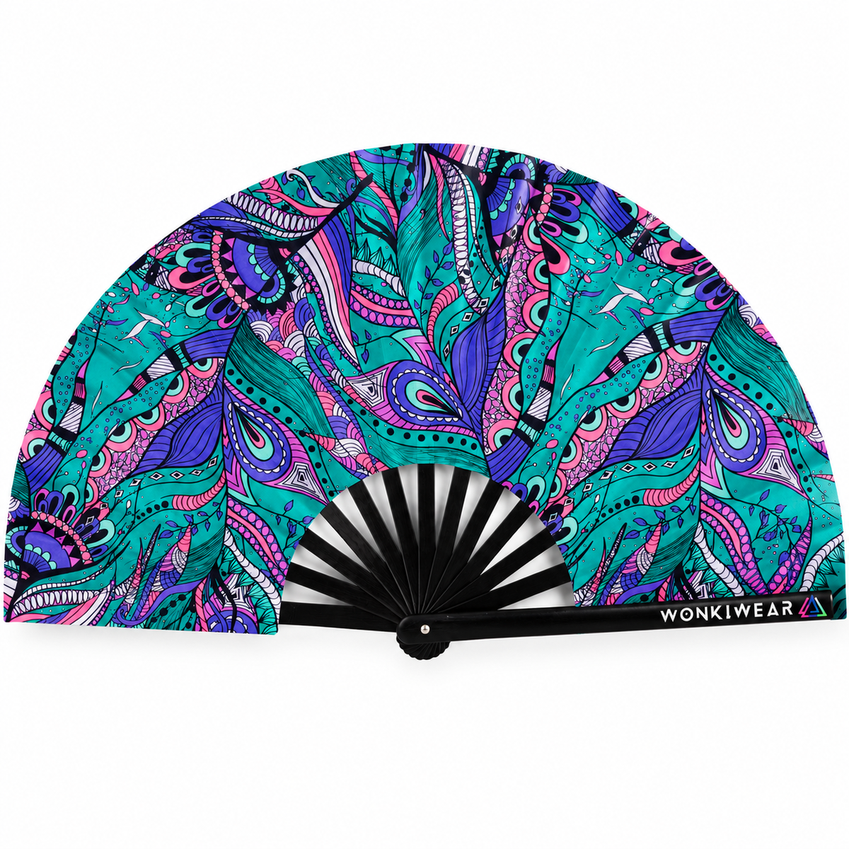 Mystic Paisley XL 26-inch folding rave fan by WonkiWear, featuring vibrant teal, turquoise, purple and pink paisley artwork with black ribs and branded handle, displayed on a white background.