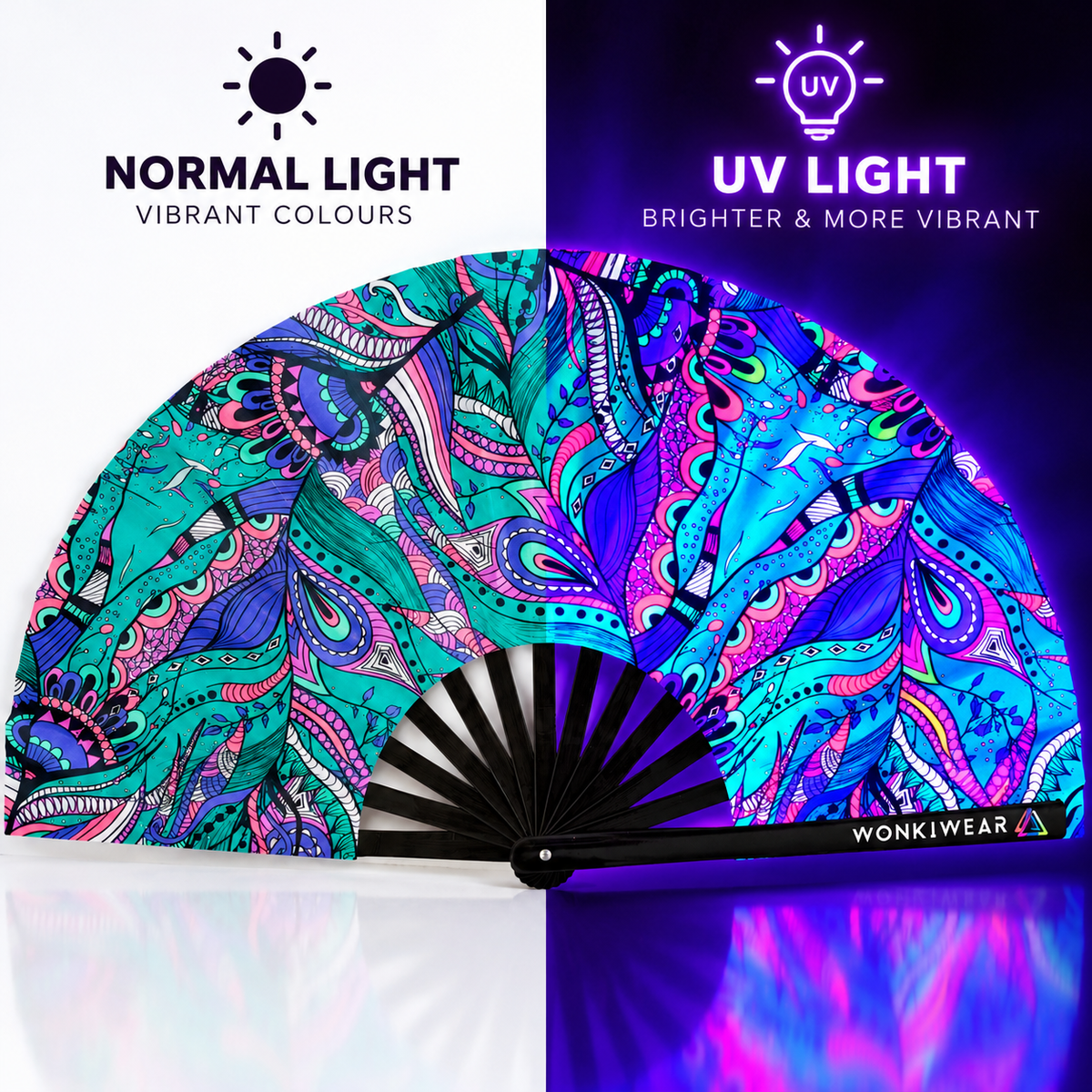 WonkiWear Mystic Paisley XL UV-reactive rave fan comparison showing its vibrant teal, pink and purple paisley design in normal light and under UV lighting.