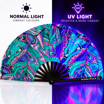 WonkiWear Mystic Paisley XL UV-reactive rave fan comparison showing its vibrant teal, pink and purple paisley design in normal light and under UV lighting.