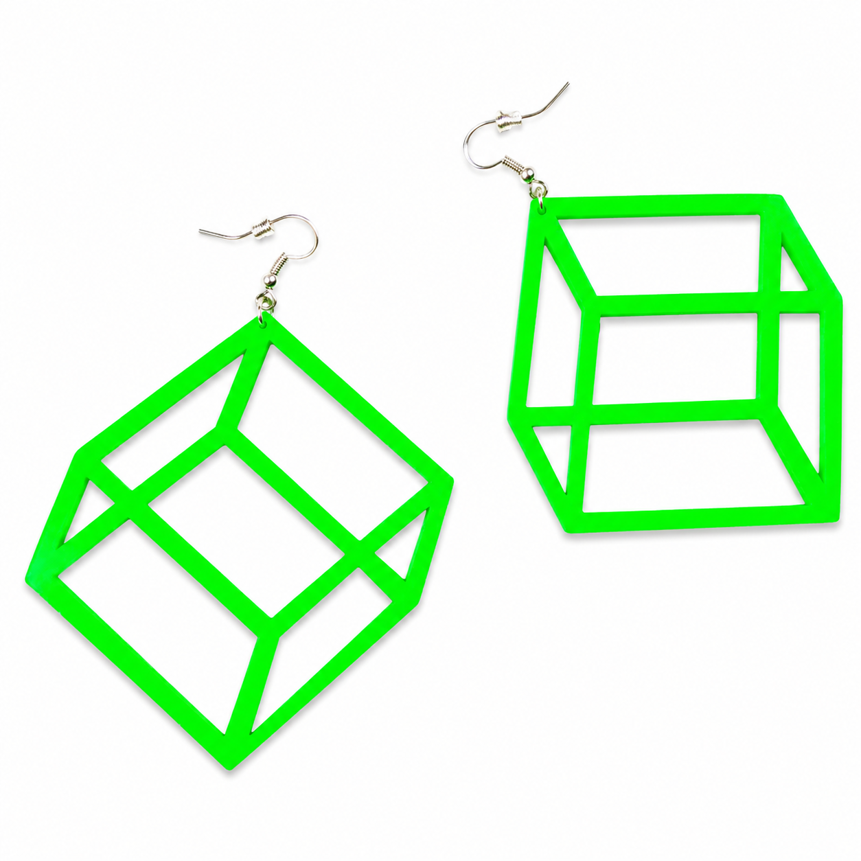Neon green geometric 3D illusion cube statement earrings on white background