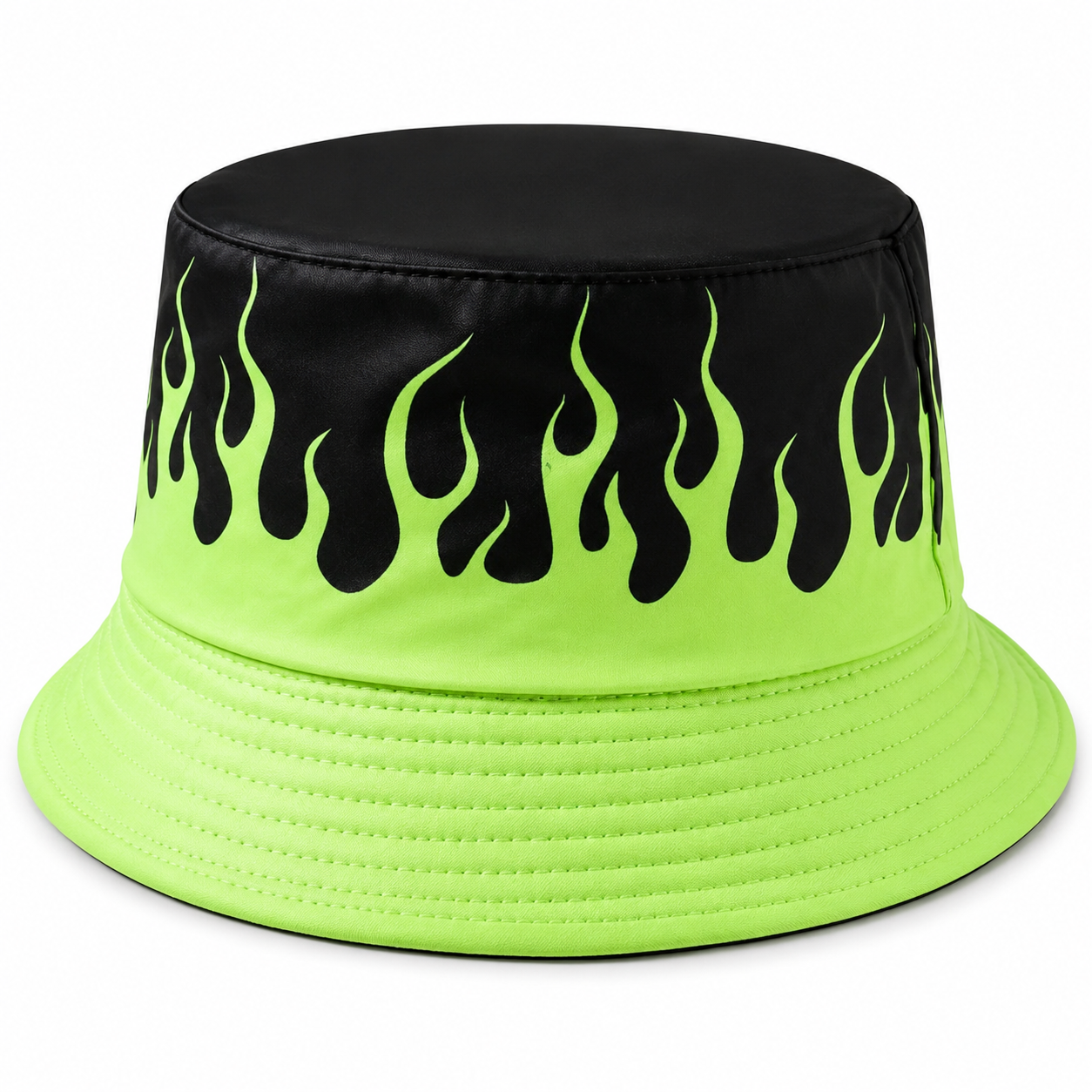 Neon green flame bucket hat front view black festival hat