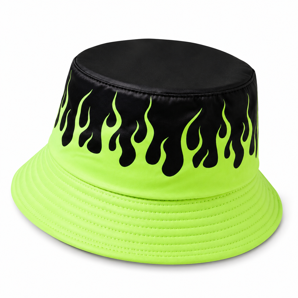 Side view of neon green flame rave bucket hat