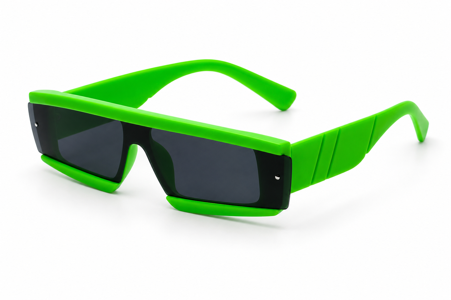 Angled view of neon green futuristic rave sunglasses
