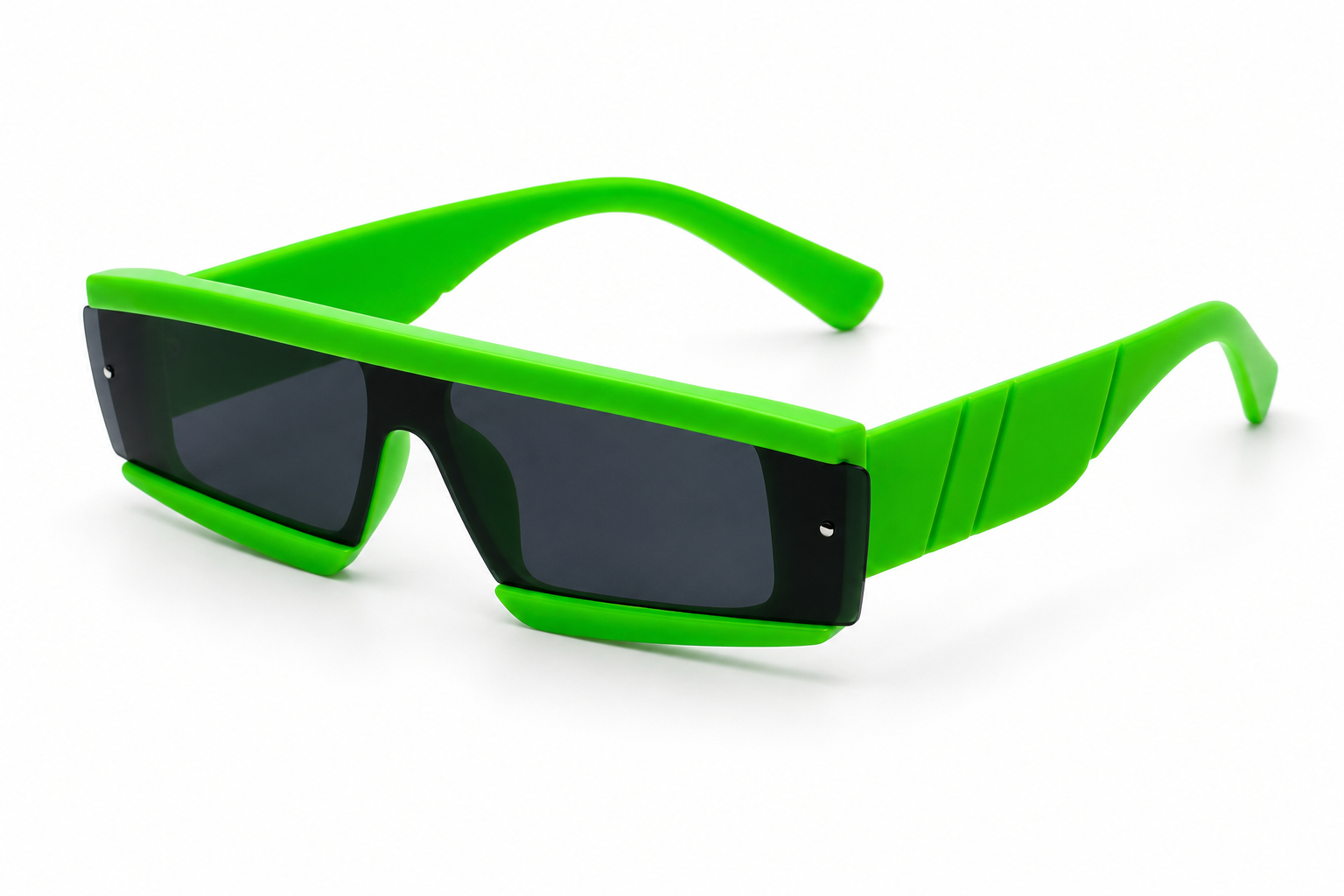 Angled view of neon green futuristic rave sunglasses
