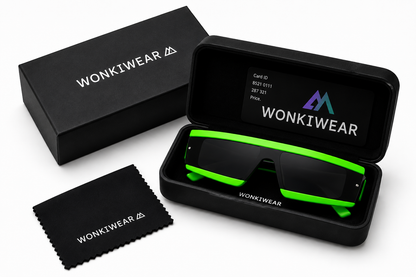 Neon green futuristic rave sunglasses in WonkiWear gift box