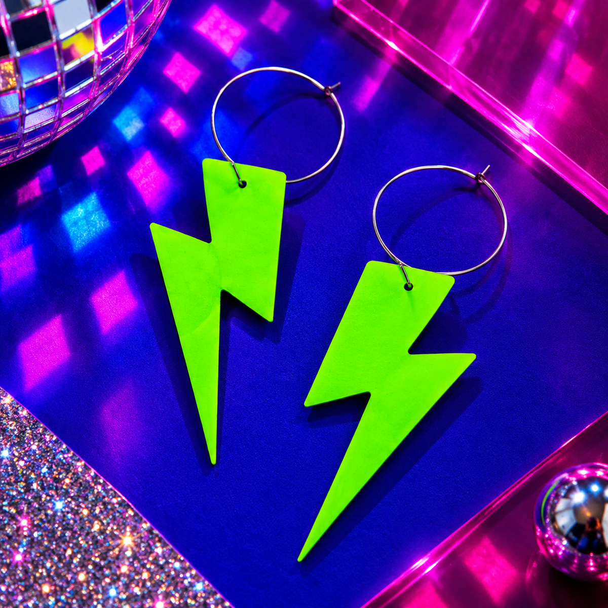 Neon green lightning bolt earrings with leopard print cork by Trend Tonic