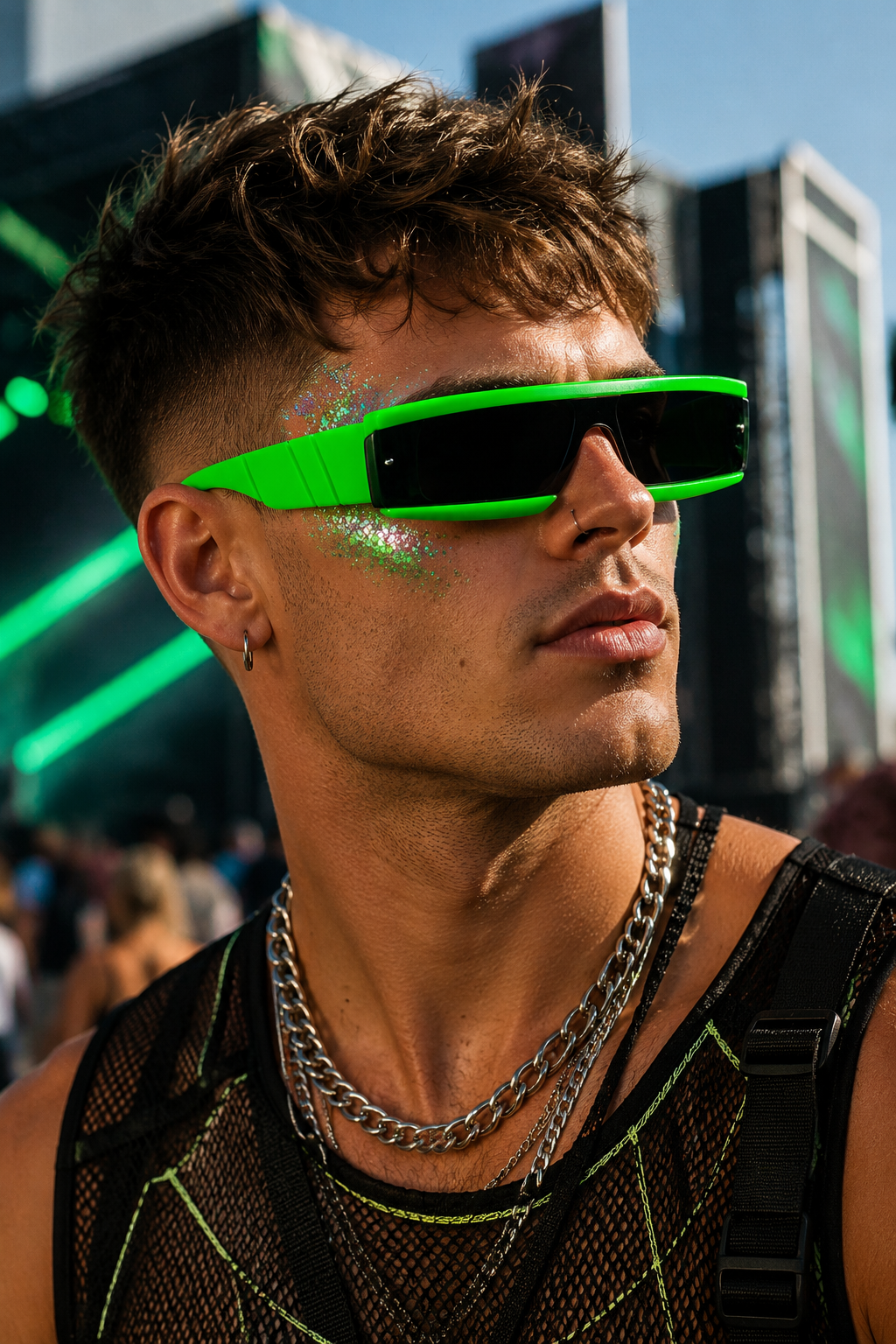 Male festival model wearing neon green futuristic rave sunglasses
