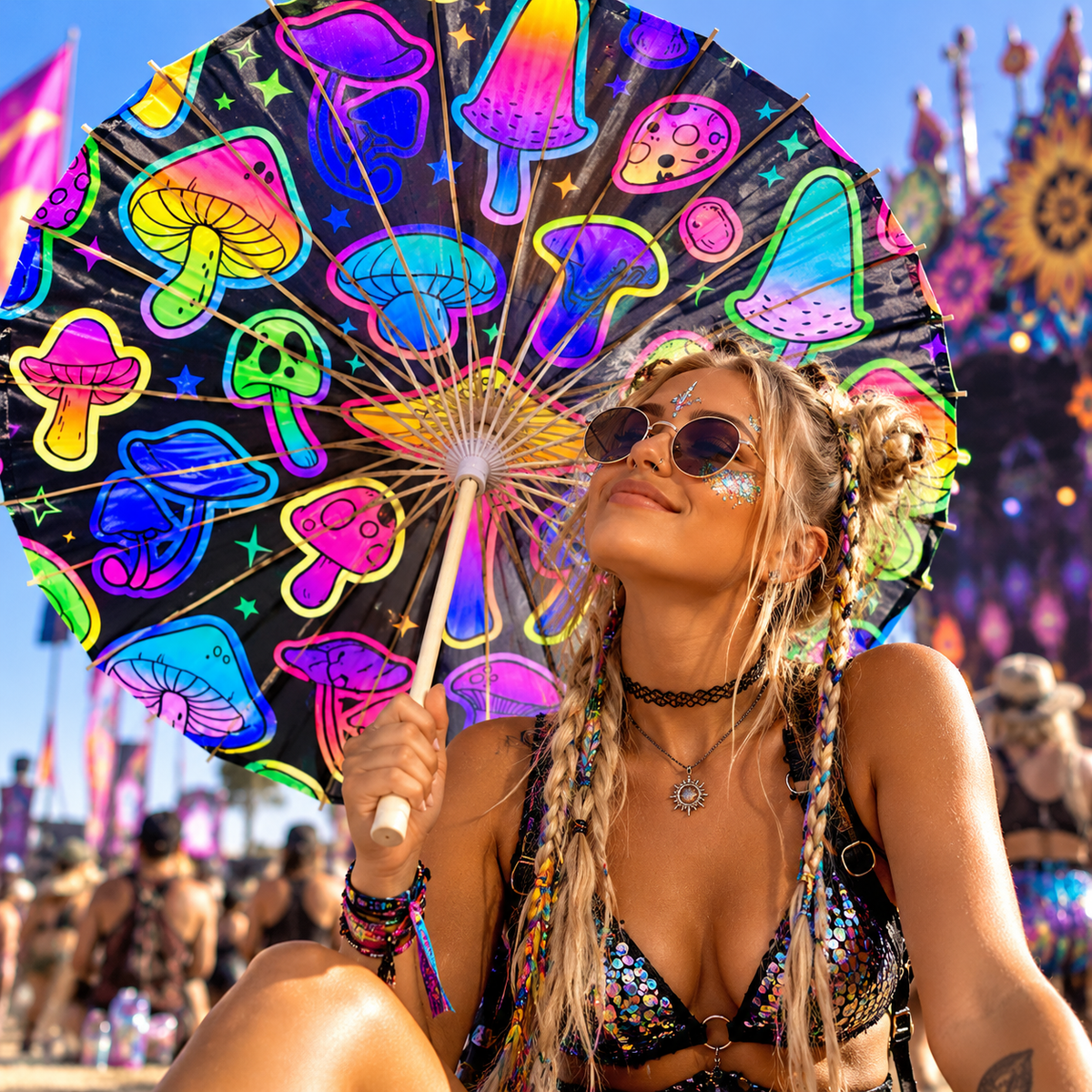 Neon mushroom print sun parasol held by a festivalgoer at a colourful outdoor music festival.