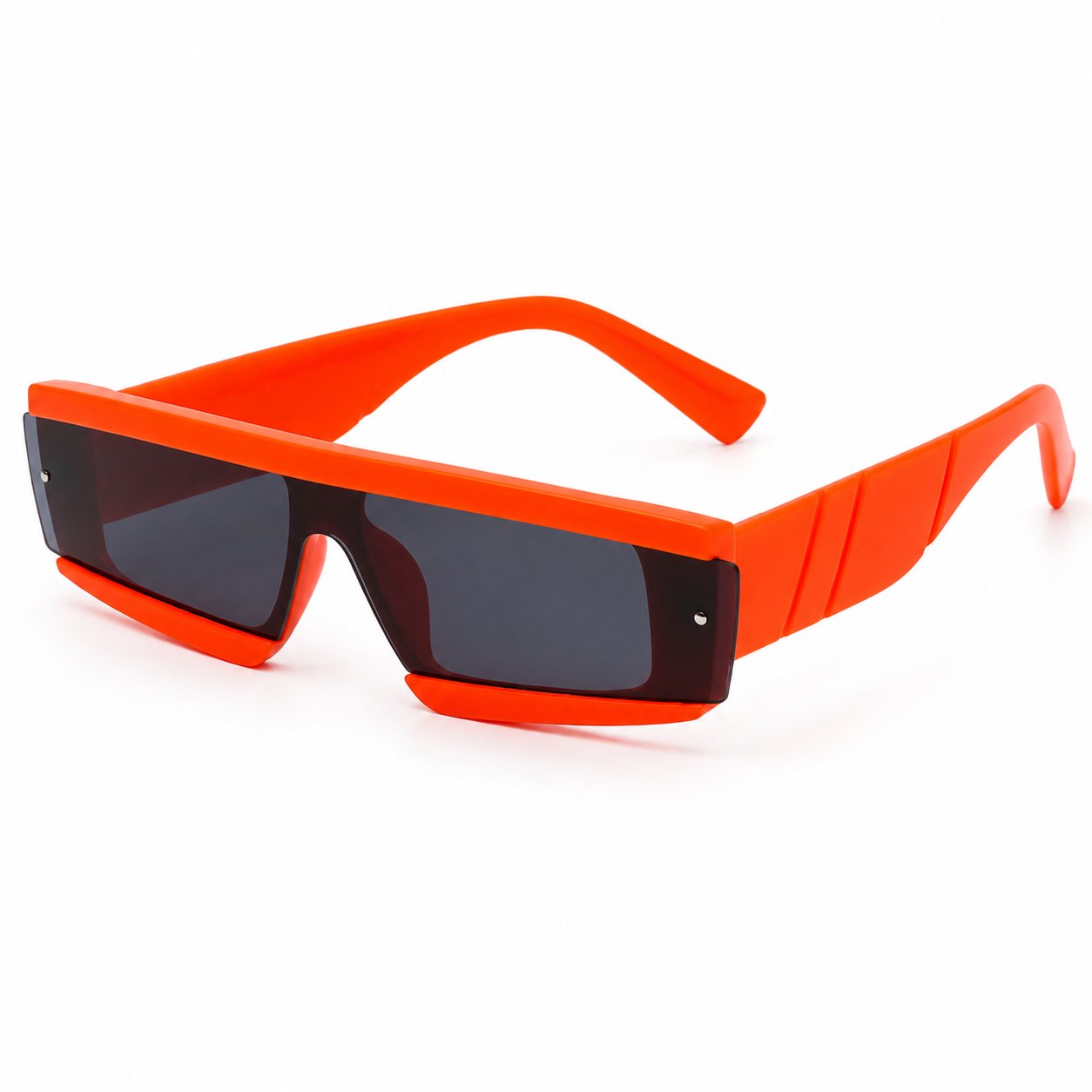 Angled view of neon orange futuristic festival sunglasses