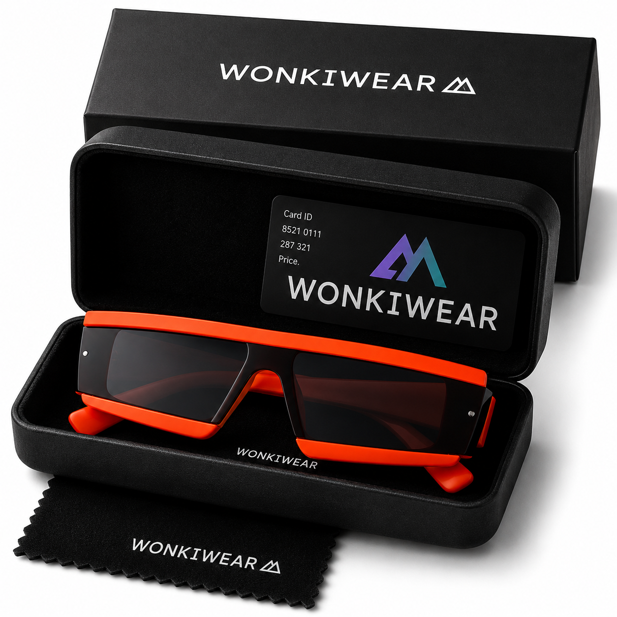 Neon orange futuristic rave glasses displayed in WonkiWear gift box