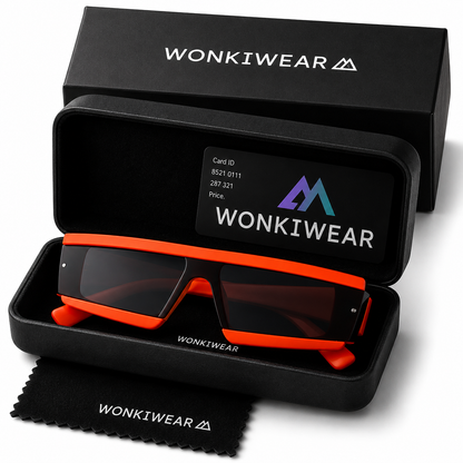 Neon orange futuristic rave glasses displayed in WonkiWear gift box