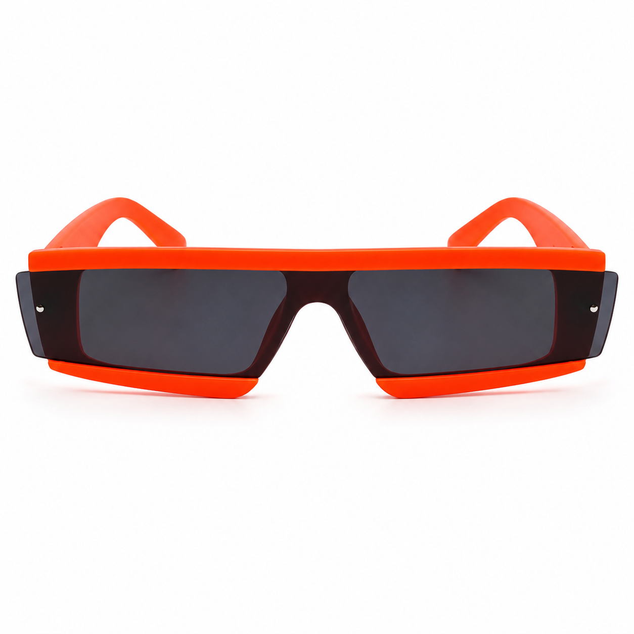 Neon orange futuristic rave glasses on white background