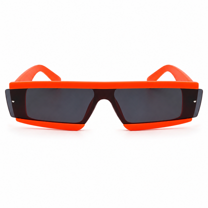 Neon orange futuristic rave glasses on white background