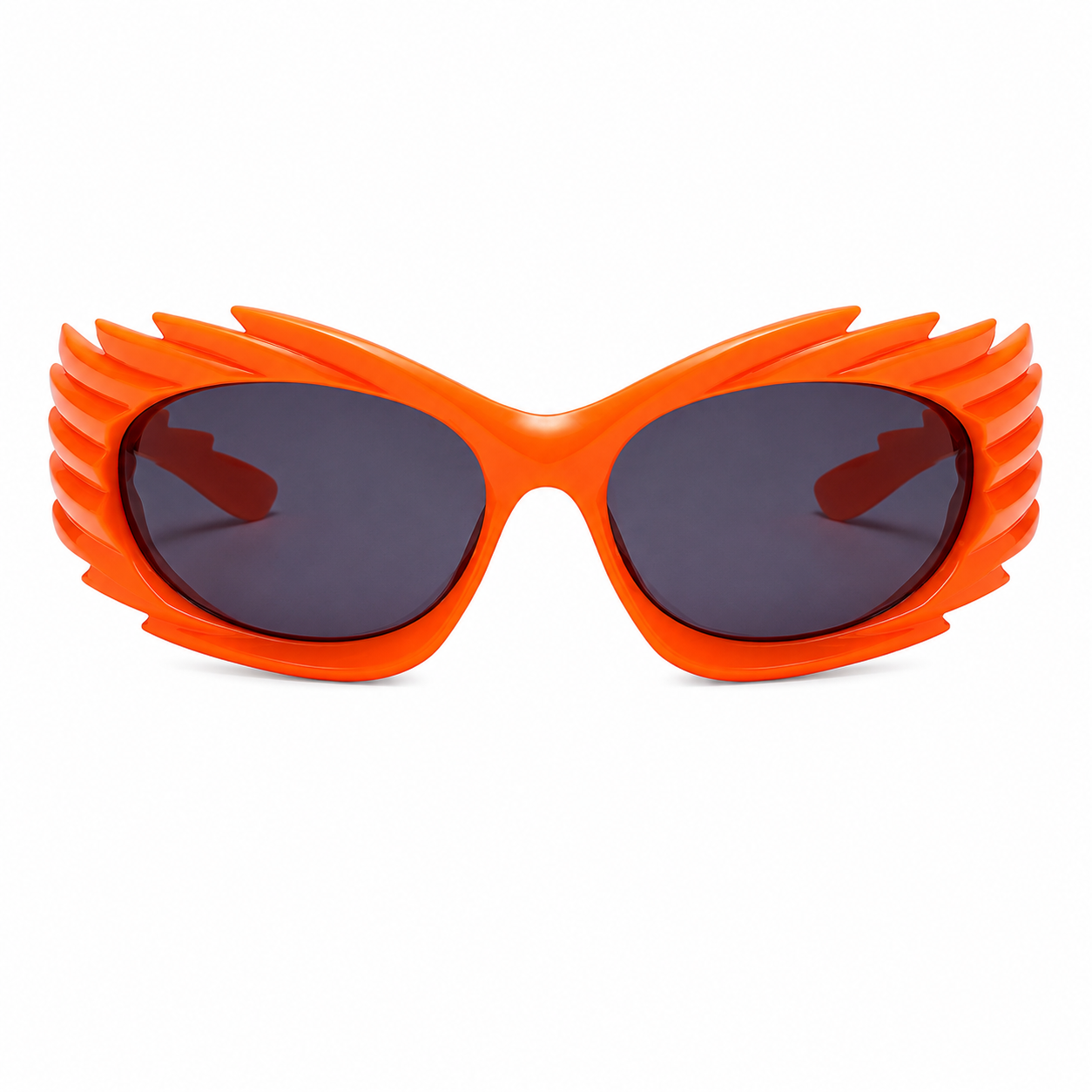 Front view of neon orange futuristic spikey ridged statement sunglasses