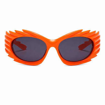 Front view of neon orange futuristic spikey ridged statement sunglasses