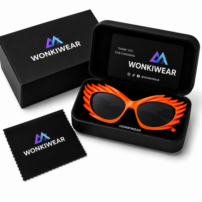 Neon orange futuristic spikey ridged sunglasses in WonkiWear premium gift box