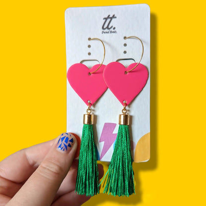 Neon Pink Heart & Green Tassel Earrings | Statement Jewellery