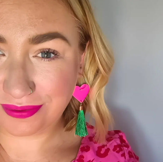 Neon Pink Heart & Green Tassel Earrings | Statement Jewellery