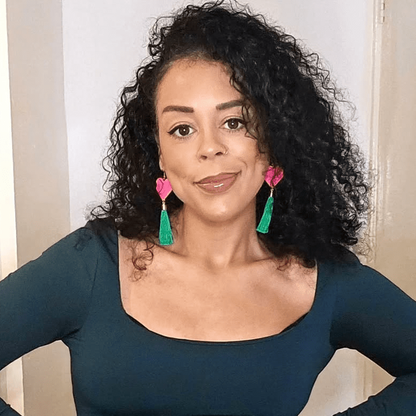 Neon Pink Heart & Green Tassel Earrings | Statement Jewellery