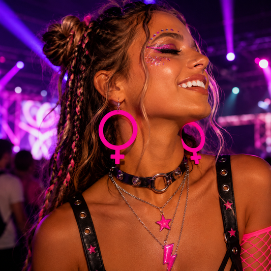Festival model wearing neon pink female symbol statement earrings