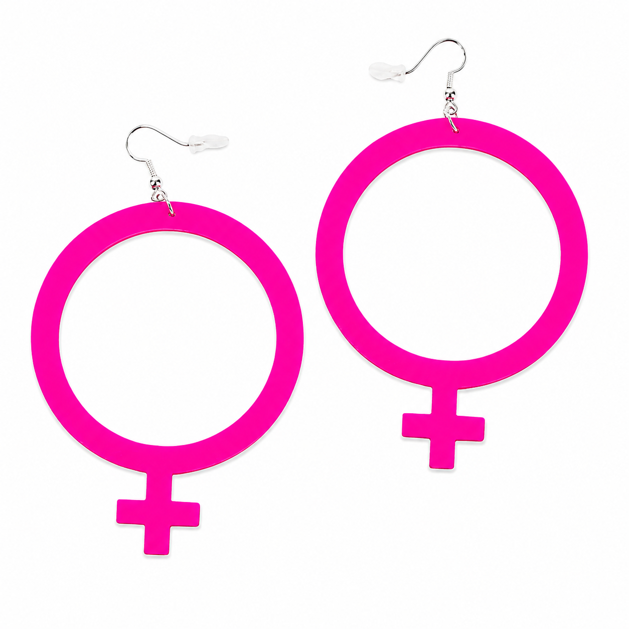Neon pink female symbol statement drop earrings on white background