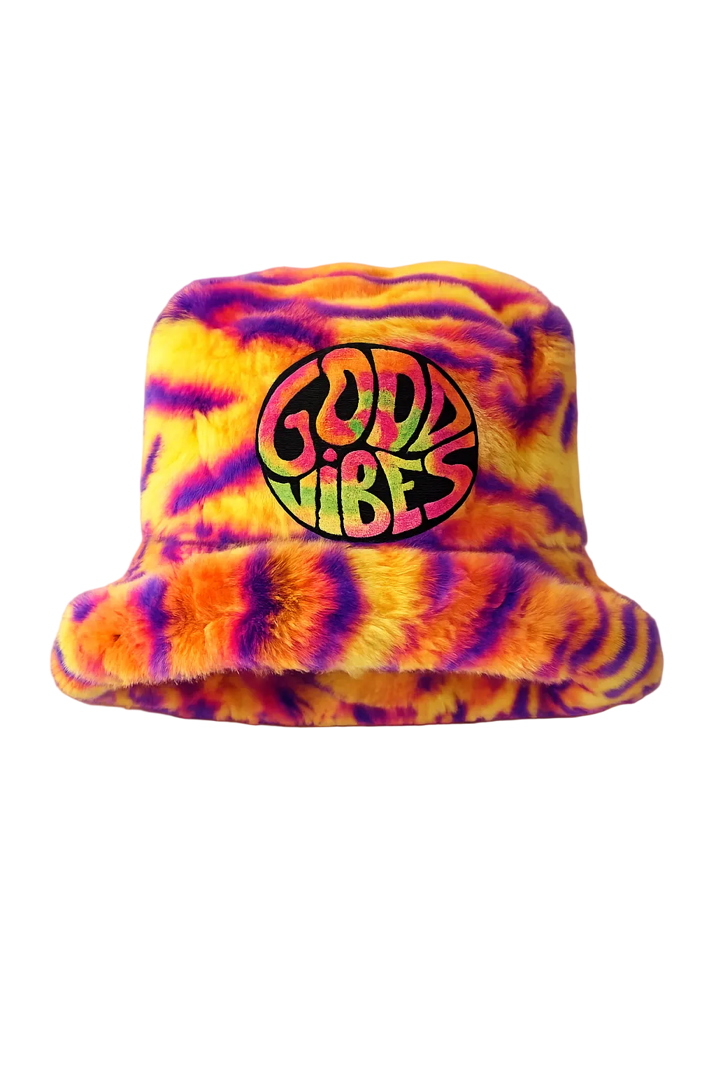 Handmade neon tiger stripe furry bucket hat with psychedelic Good Vibes patch for festivals and raves