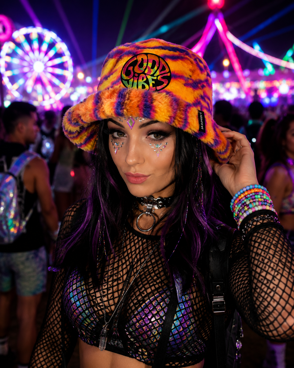 Festival model wearing neon tiger stripe furry Good Vibes bucket hat