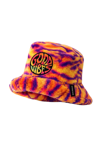 Side view of handmade neon tiger stripe furry festival bucket hat with embroidered Good Vibes patch